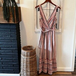 Donna Morgan NEW Stitch Fix Blue Pink Striped BOHO V-Neck Tiered Midi Dress  8